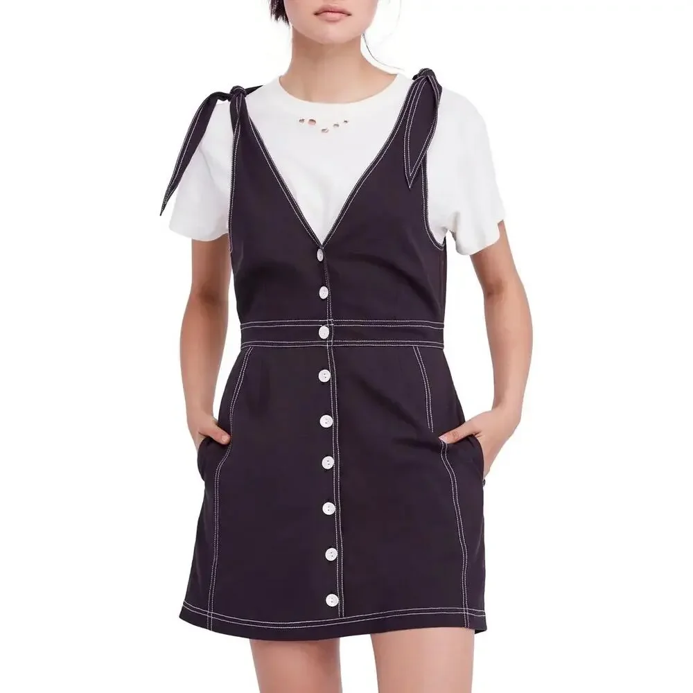 Free‎ People London Town Overall Tie Shoulder Strap Button Front Black Dress NWT